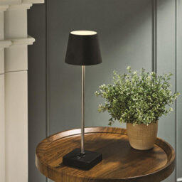 Battery Or Usb Operated Table Lamp - Modern Portable Cordless Led Light With Black Shade & Base & Silver Stand - H36 X 10.5Cm