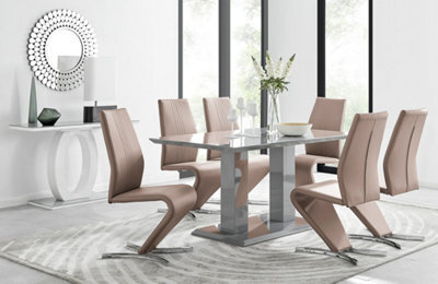 Furniturebox Imperia Grey High Gloss 6 Seater Dining Table With Structural 2 Plinth Column Legs And 6 Beige Faux Leather Willow Chairs - image 1
