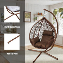 Outdoor Rattan Hanging Swing Egg Chair Garden Patio With Cushion & Stand Brown - thumbnail 5