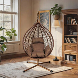 Outdoor Rattan Hanging Swing Egg Chair Garden Patio With Cushion & Stand Brown - thumbnail 6