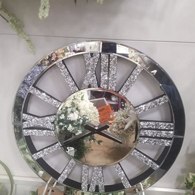 Biznest Large Silver Mirrored Crushed Crystal Round Roman Number Wall Clock 40X40Cm