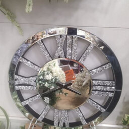 Biznest Large Silver Mirrored Crushed Crystal Round Roman Number Wall Clock 40X40Cm