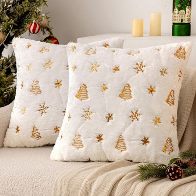Amorly 2Pcs 18X18In Christmas Tree Cushion Covers, White Throw Pillow Cases With Gold Glitter Snowflake, Not Included For Sofa Bed Decor - image 1
