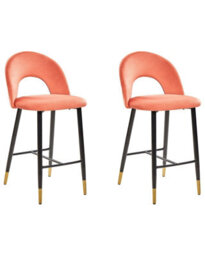 Beliani Set Of 2 Coral Red Velvet Bar Chairs With Black Steel Frame And Gold Ends - Retro Dining - thumbnail 3