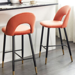Beliani Set Of 2 Coral Red Velvet Bar Chairs With Black Steel Frame And Gold Ends - Retro Dining - thumbnail 2