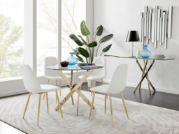 Furniturebox Uk Novara Gold Metal Round Glass Dining Table And 4 White Corona Gold Dining Chairs