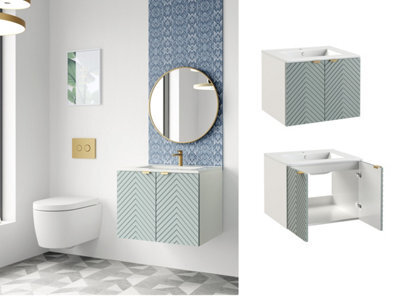 Impact Furniture Vanity Unit With Basin 600mm Bathroom Sink Cabinet Modern Wall Hung Ribbed Fluted Green Cara - image 1