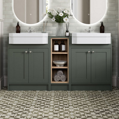 Affine 1540mm Traditional Double Vanity Basin Unit & Shelving Bathroom Furniture Green - image 1