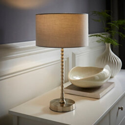 Valuelights Maeve Grey Drum Lamp Shade Brushed Chrome Bobbin Bobble Table Lamp And Led Bulb