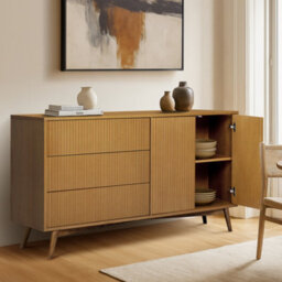 Teamson Home Tremolo Wooden Sideboard 3 Fluted Push-Open Drawers 2 Doors, Natural - thumbnail 1
