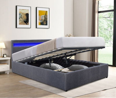 Comfy Living 4Ft Small Double Fabric Gas Lift Ottoman Bedframe With Led Strip In Dark Grey - image 1