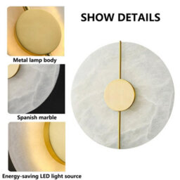 Amorly Modern Round Alabaster Natural Marble Wall Light,metal Base Wall Mounted Lamp,for Living Room Bedroom Bedside Stairs Hallway Gold - thumbnail 3