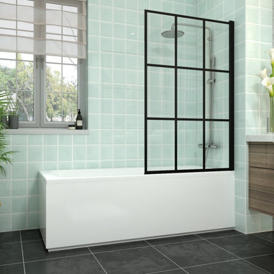 Rinse bathrooms Rinse Single Ended 1700X700mm Bath + Gloss White Front Wood Bath Panel + Black Grid Square Bath Screen - image 1