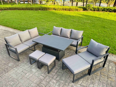 Fimous Garden Aluminium Furniture Set 10 Seater Adjustable Rising Lifting Dining Table With 3 Footstools Dark Grey - image 1