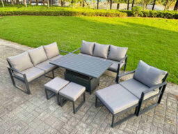 Fimous Garden Aluminium Furniture Set 10 Seater Adjustable Rising Lifting Dining Table With 3 Footstools Dark Grey - thumbnail 1