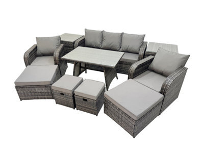 Fimous Garden Rattan Outdoor Furniture Set 9 Seater With 3 Seater Sofa 2 Side Table 2 Big Stool 2 Small Stools Dark Grey - image 1