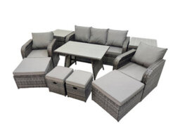 Fimous Garden Rattan Outdoor Furniture Set 9 Seater With 3 Seater Sofa 2 Side Table 2 Big Stool 2 Small Stools Dark Grey - thumbnail 1
