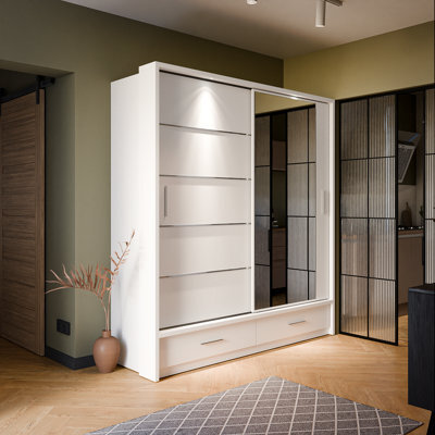 Arte Lux V - White Sliding Door Mirrored Wardrobe With Shelves And Drawers (H2150mm W2000mm D600mm) - image 1