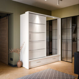 Arte Lux V - White Sliding Door Mirrored Wardrobe With Shelves And Drawers (H2150mm W2000mm D600mm) - thumbnail 1