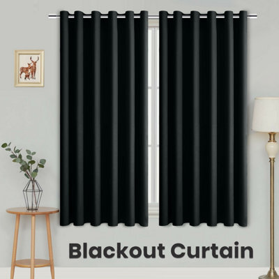 Ameha Black Plain Curtain Blackout Thick Thermal Insulated Bedroom Kitchen 66'' X 54'' Curtain Pair With Tie Backs Pair - image 1