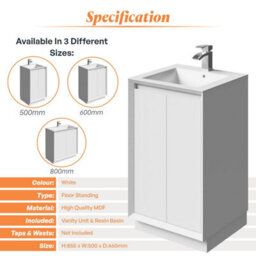 Plum&clay Luna Gloss White Floor Standing Vanity Unit & Resin Basin Set Bathroom Furniture (W)500mm (H)855mm - thumbnail 4