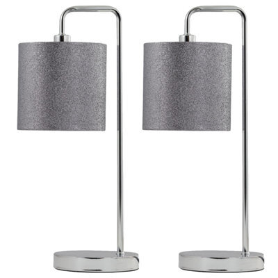 First Choice Lighting Set Of 2 Chrome Arched Table Lamps With Grey Glitter Shades - image 1
