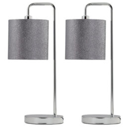 First Choice Lighting Set Of 2 Chrome Arched Table Lamps With Grey Glitter Shades