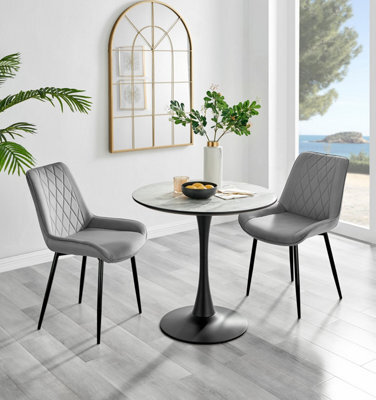 Furniturebox Elina White Marble Effect Round Pedestal Dining Table With Curved Black Support And 2 Grey Velvet Pesaro Black Leg Chairs - image 1