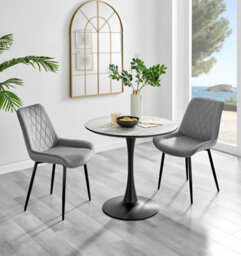 Furniturebox Elina White Marble Effect Round Pedestal Dining Table With Curved Black Support And 2 Grey Velvet Pesaro Black Leg Chairs