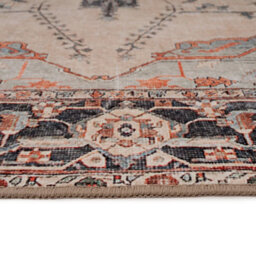 Loomed Vintage Medallion Cotton Chenille Rug Beige Navy Blue Machine Washable 60Cm X 240Cm - thumbnail 4