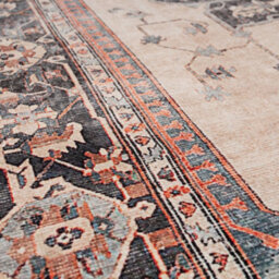 Loomed Vintage Medallion Cotton Chenille Rug Beige Navy Blue Machine Washable 60Cm X 240Cm - thumbnail 6