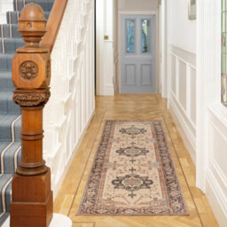 Loomed Vintage Medallion Cotton Chenille Rug Beige Navy Blue Machine Washable 60Cm X 240Cm - thumbnail 2