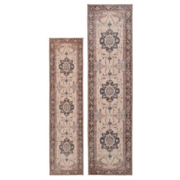 Loomed Vintage Medallion Cotton Chenille Rug Beige Navy Blue Machine Washable 60Cm X 240Cm - thumbnail 3