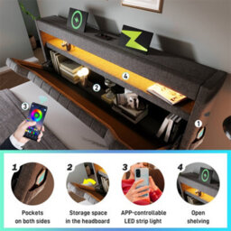 Abrihome Upholstered 5Ft Double Bed With Led Headboard & Hydraulic Storage, Usb/type-C Charging, Grey (No Mattress) - thumbnail 6