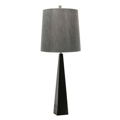 Elegant Dark Grey Square Table Lamp With Tapered Column Design And Black Led Bulb