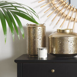 Beliani Gold Iron Lantern 25Cm Pillar Candle Holder With Perforated Design, Freestanding Decorative Lantern - thumbnail 2