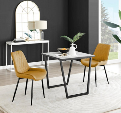 Furniturebox Uk Carson White Marble Effect Square Dining Table & 2 Mustard Pesaro Black Leg Chairs - image 1
