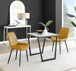Furniturebox Uk Carson White Marble Effect Square Dining Table & 2 Mustard Pesaro Black Leg Chairs