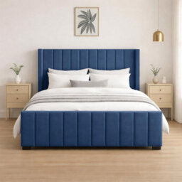 Naples Upholstered Navy Vertical Line Double Bed Frame, Modern Luxury Floor-Standing Headboard & Footboard