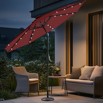 Sundaze Wine Red 2.7M Round Garden Parasol Umbrella Outdoor Patio Solar Led Lights Crank Tilt With Base - image 1