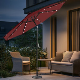 Sundaze Wine Red 2.7M  Round Garden Parasol Umbrella Outdoor Patio Solar Led Lights Crank Tilt With Base - thumbnail 1