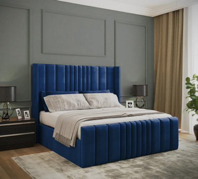 Adore Designs Miami Winged Plush Velvet Ottoman Storage Bed, With Footboard - 4Ft Small Double - Blue - image 1