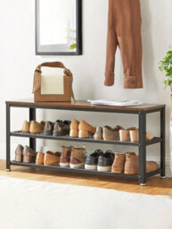 LEDREM Shoe Bench, Shoe Rack With 2 Shelves, Shoe Organiser,entryway Living Room Hallway, Steel Structure, Rustic Brown And Black - thumbnail 4