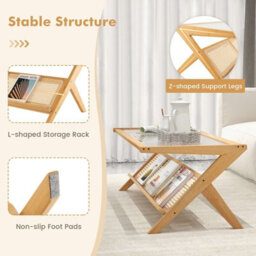 Gainoom 2-Tier Rectangular Natural Table Modern Center Bamboo Table With Glass Tabletop - thumbnail 9