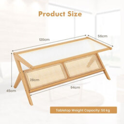 Gainoom 2-Tier Rectangular Natural Table Modern Center Bamboo Table With Glass Tabletop - thumbnail 2