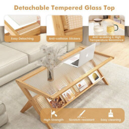 Gainoom 2-Tier Rectangular Natural Table Modern Center Bamboo Table With Glass Tabletop - thumbnail 6