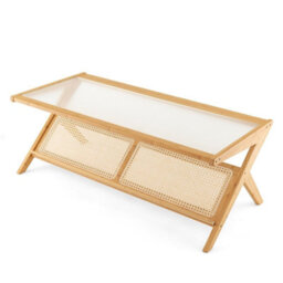 Gainoom 2-Tier Rectangular Natural Table Modern Center Bamboo Table With Glass Tabletop - thumbnail 5