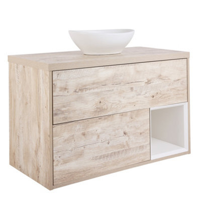 Homestylestore Light Oak 1000mm Wall Hung Bathroom Vanity Unit With Oval Chalk Countertop Basin - image 1