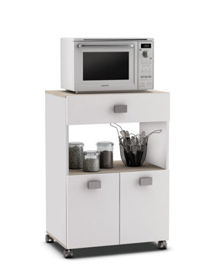 FurniComp LTD Furnicomp Owen Kitchen Pantry Trolley With Microwave Shelf - Matt White & Acacia Oak - image 1