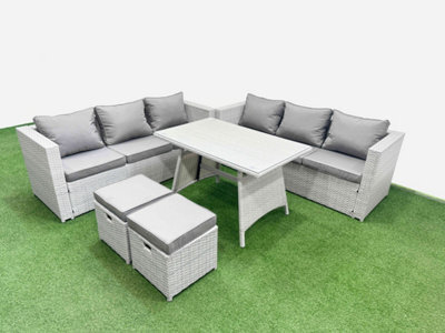 Fimous Rattan Garden Furniture Dining Set 8-Seater Patio Rectangular Table 3 Seater Sofa Set With 2 Small Stools Light Grey - image 1